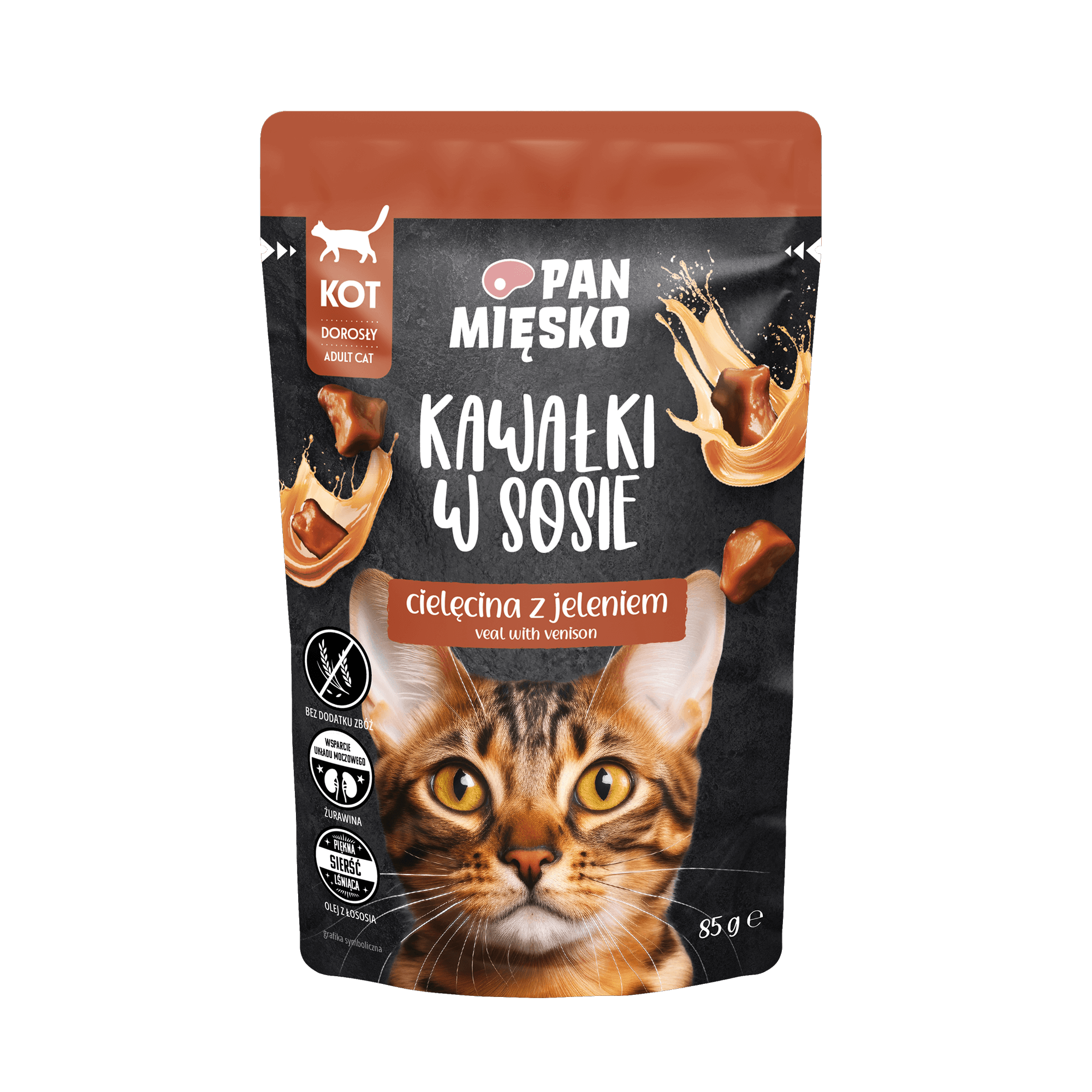 Pan Mięsko Komadići u umaku: teletina s jelenom – mokra hrana za mačke (85 g)